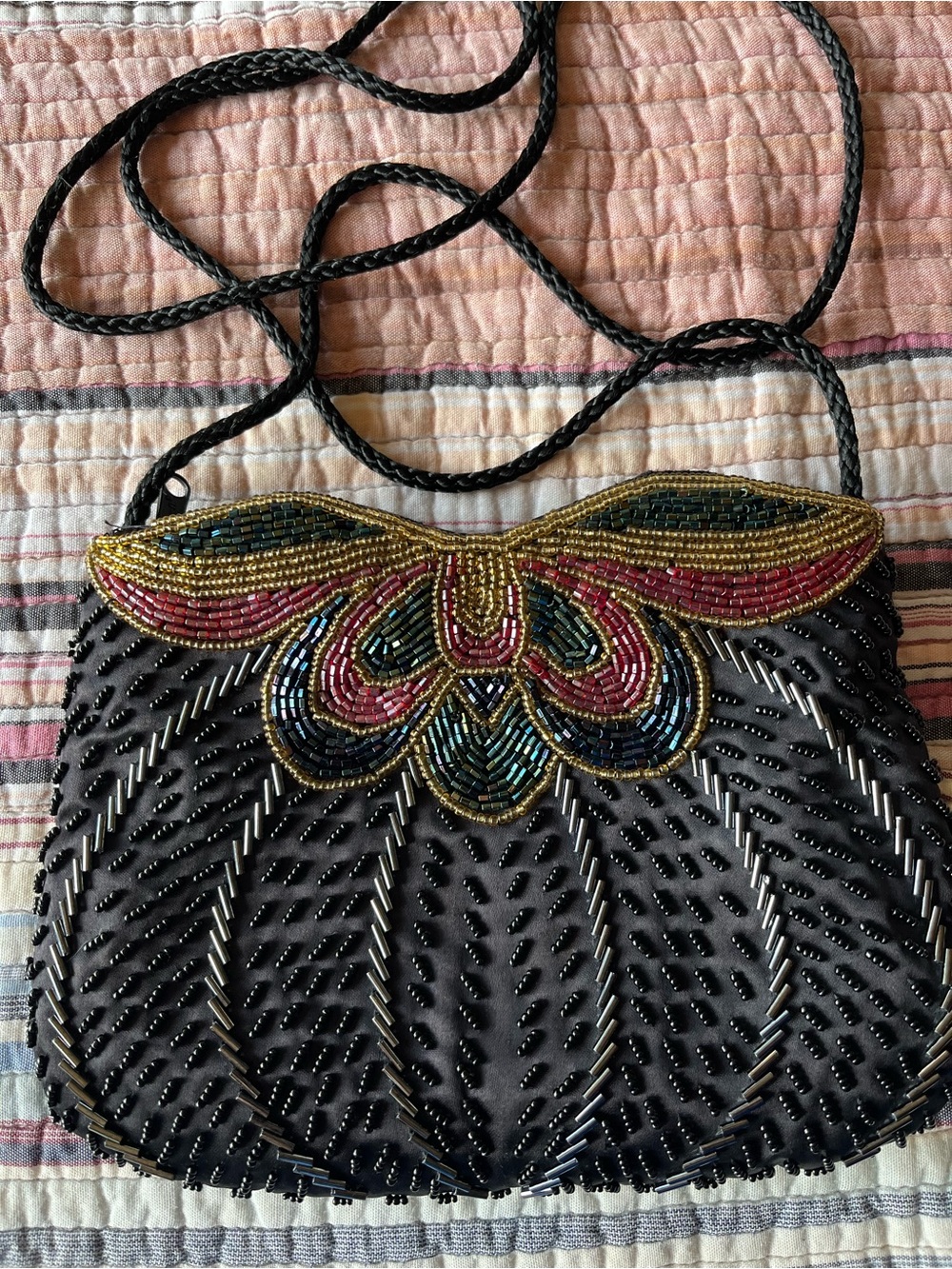 Black Beaded Crossbody Evening Bag Multicolor Art Deco Boho